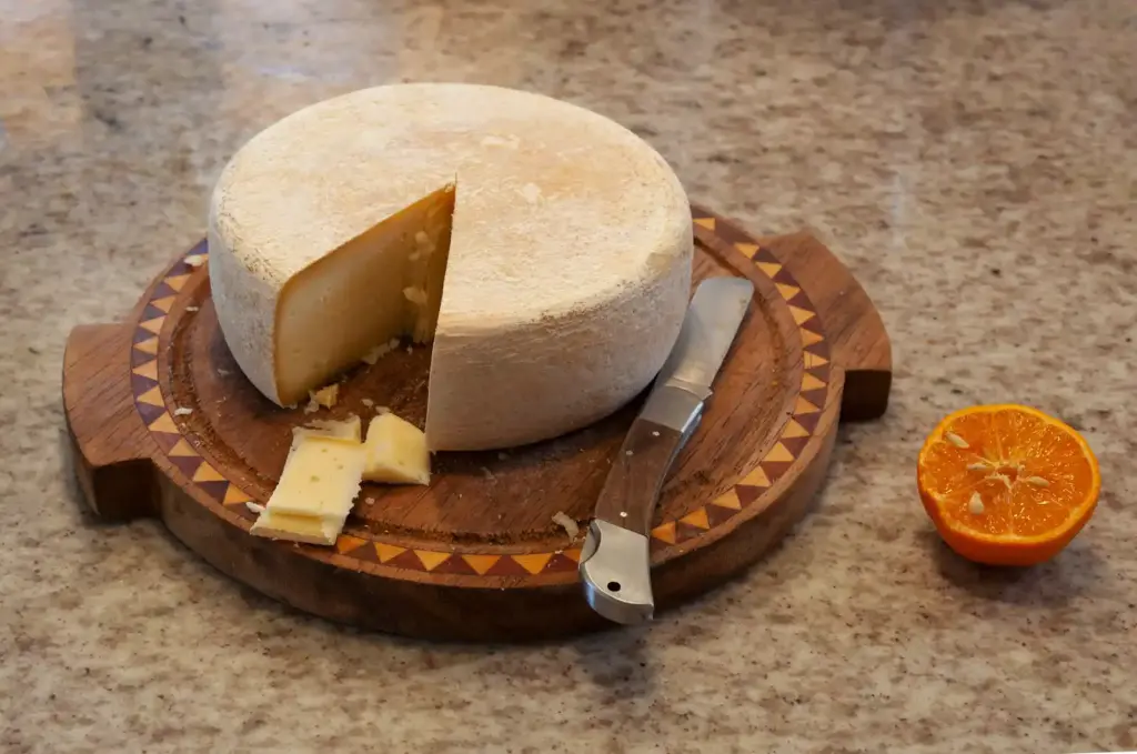 A wheel of cheese with a knife on a board