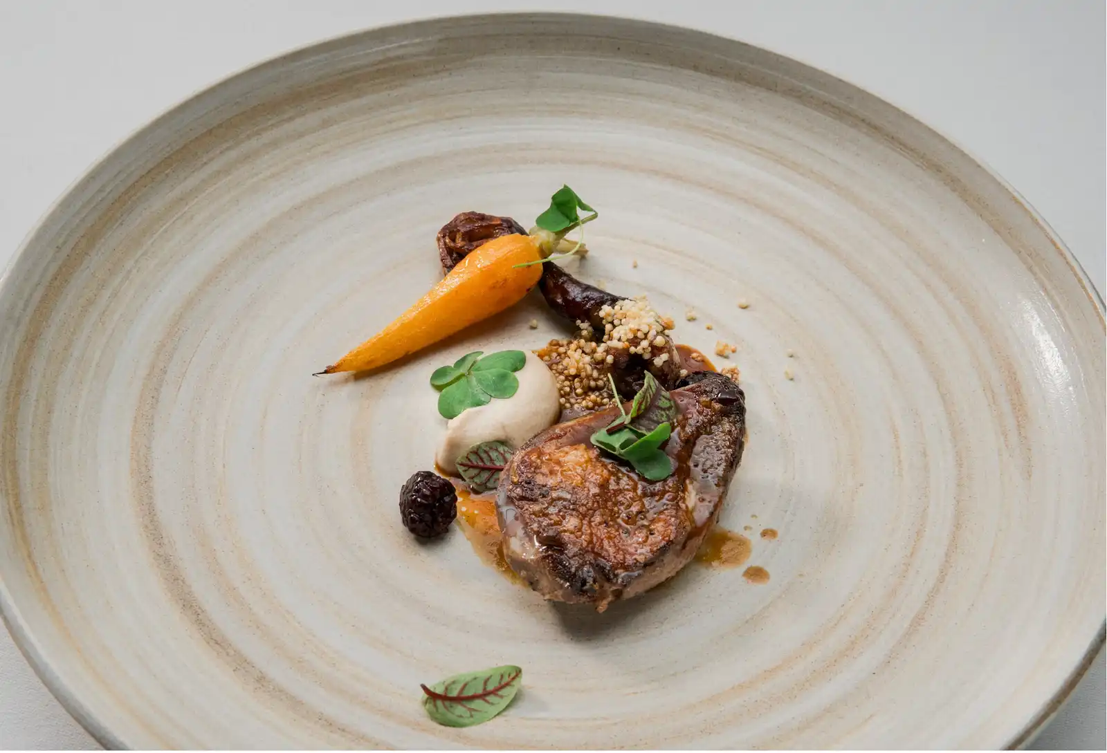 Gourmet plated lamb with roasted carrot, puree, dried fruits, puffed grains, and microgreens garnish on ceramic plate