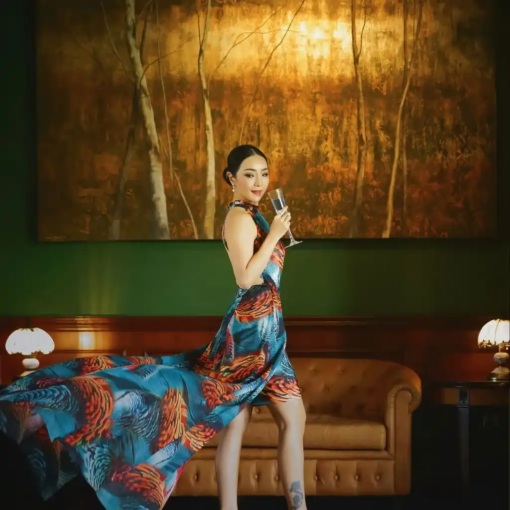 A woman posing with a beautiful dress