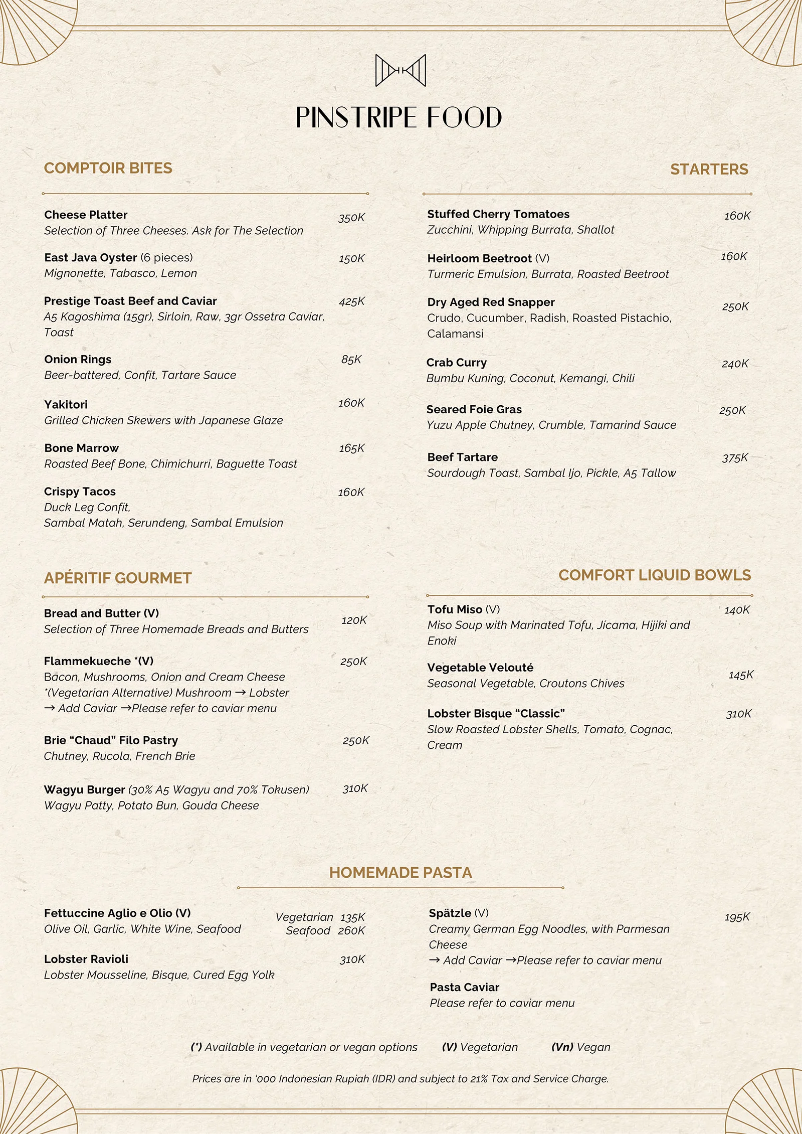 Pinstripe Bar Dining Menu