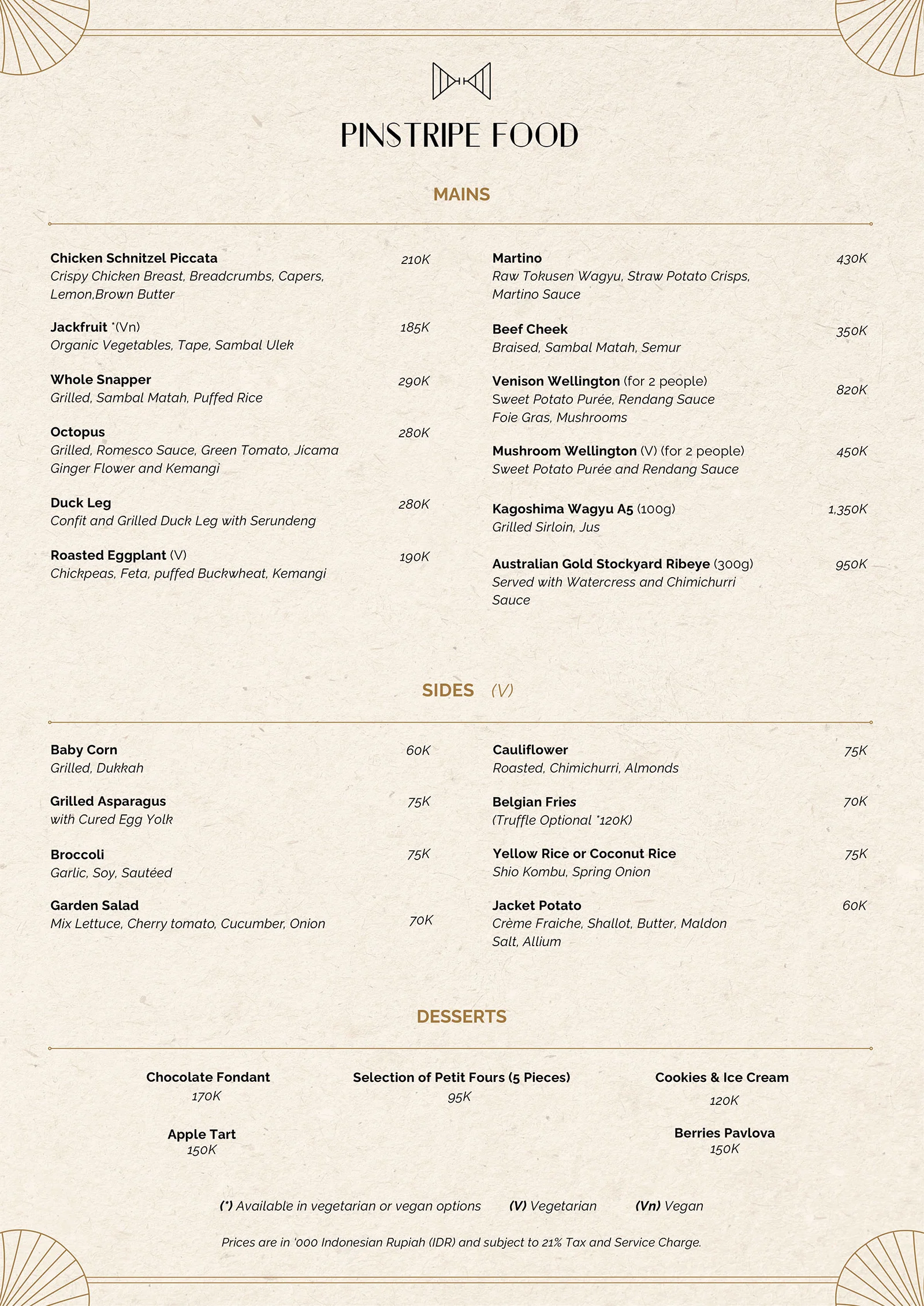 Pinstripe Bar Dining Menu