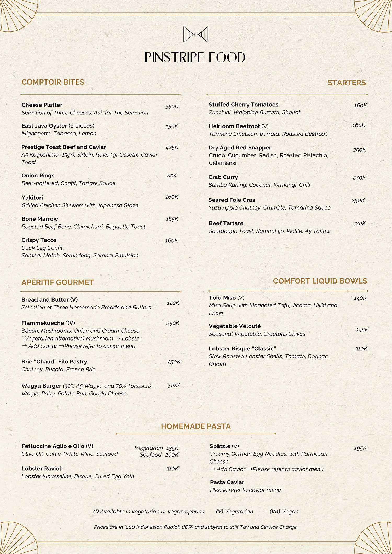 Pinstripe Bar Dining Menu