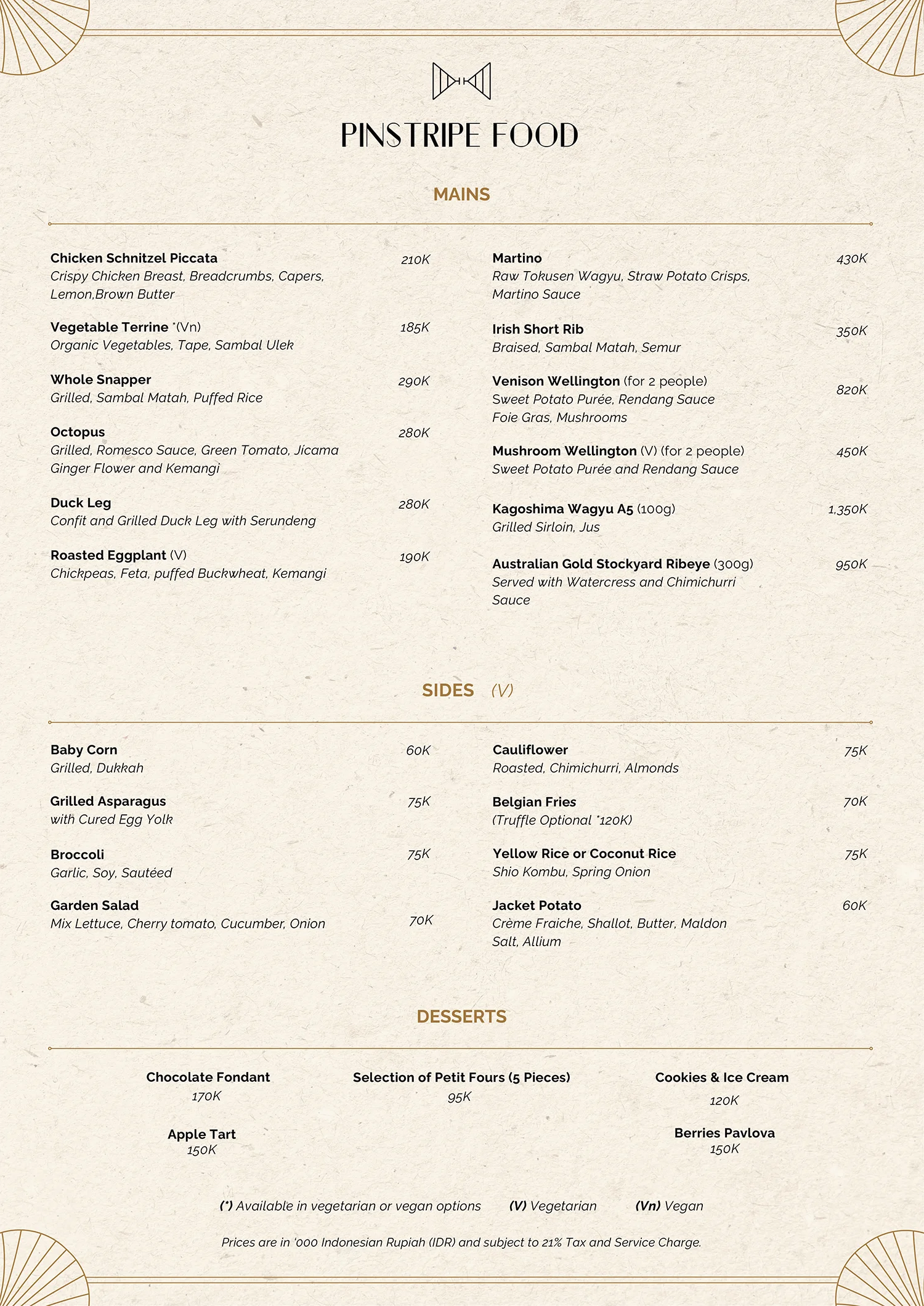 Pinstripe Bar Dining Menu