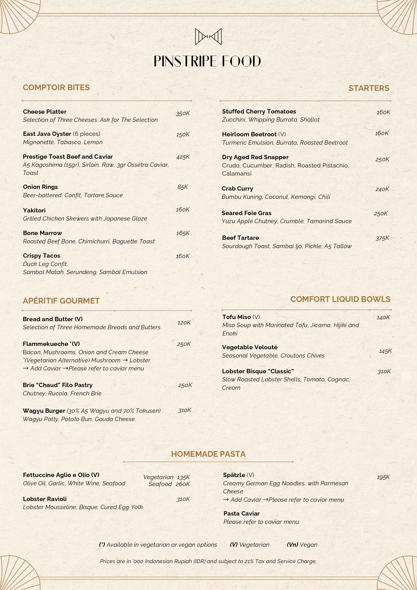 Pinstripe Bar Dining Menu
