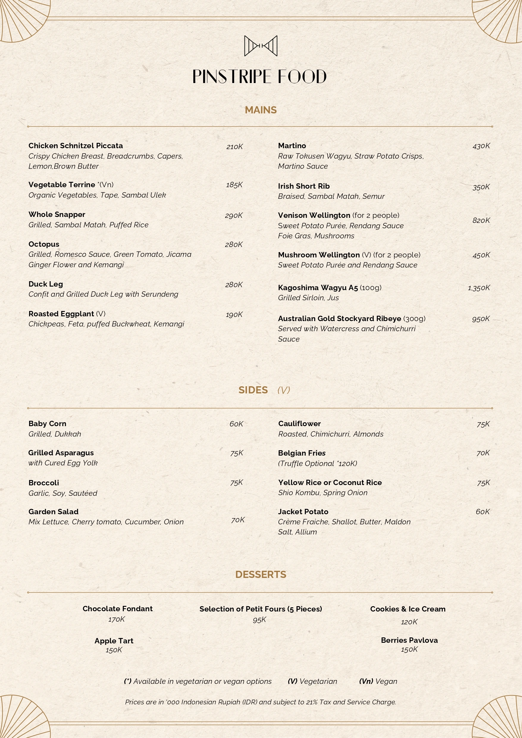 Pinstripe Bar Dining Menu