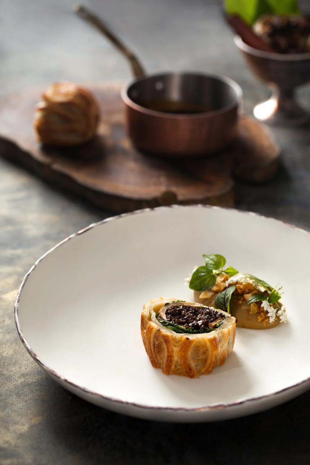 A fine dining beef wellington meal