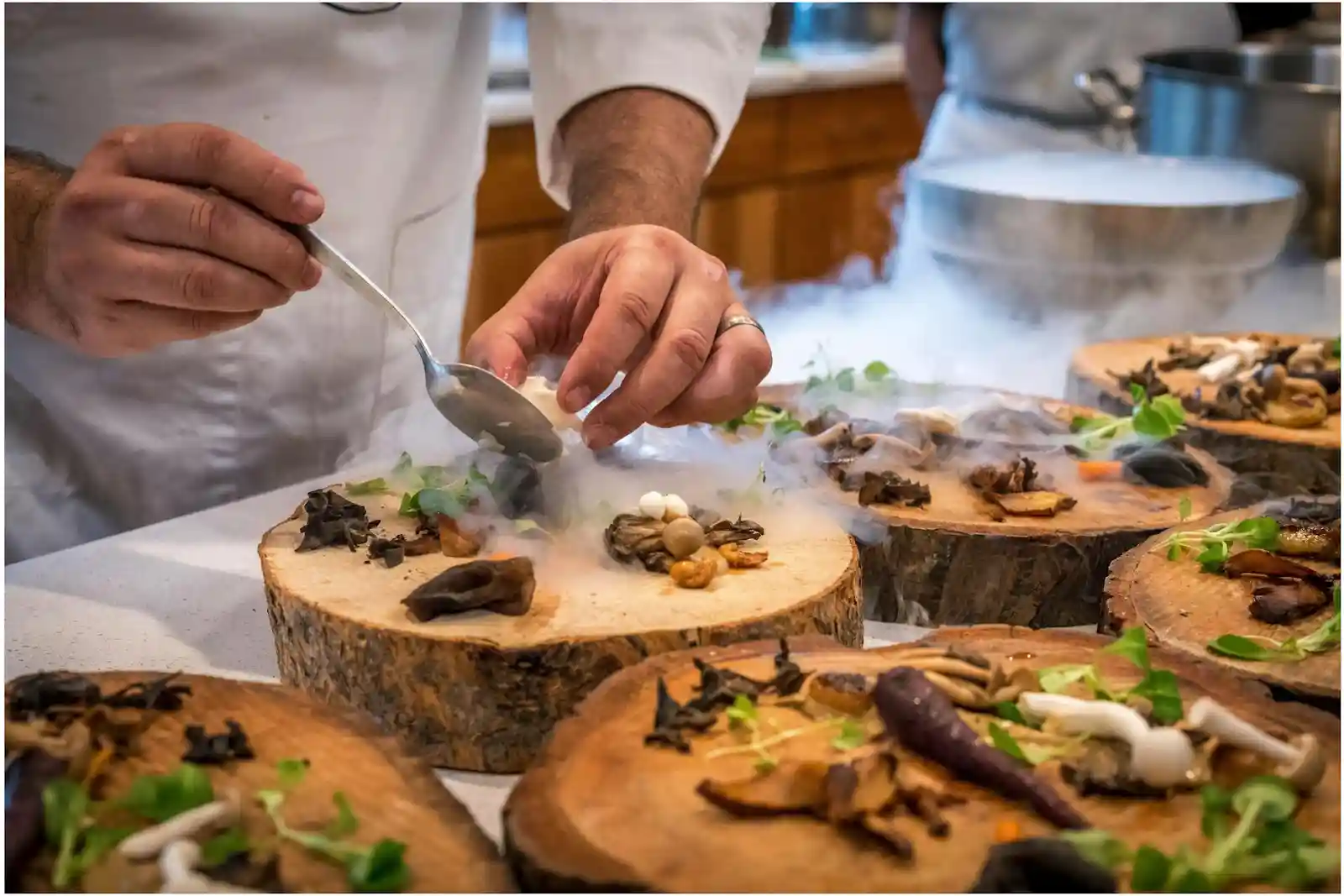 A chef preparing a fine dining meal on a tree slab