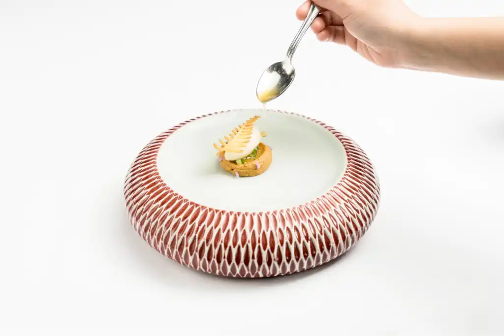 A hand spooning sauce over a precisely plated fine dining amuse-bouche on an artisan ceramic plate with a red geometric patterned rim, against a clean white background