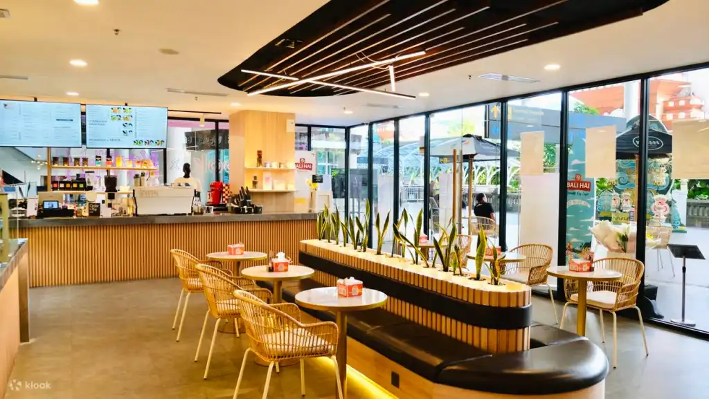 Modern café interior at Bali's Ngurah Rai Airport with a wooden slatted counter, rattan chairs, snake plant dividers, large floor-to-ceiling windows, and digital menu screens behind the counter
