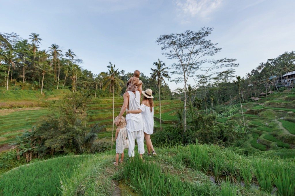 A family admiring the rice terraces in Bali