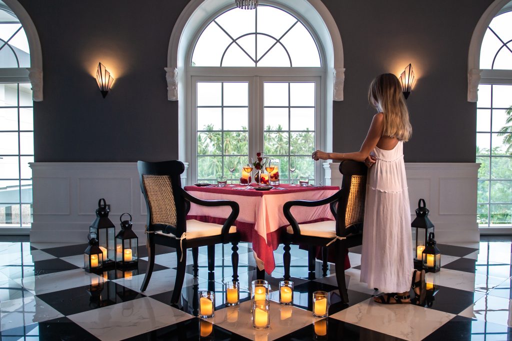 A romantic table set-up with candles at a fine dining restaurant