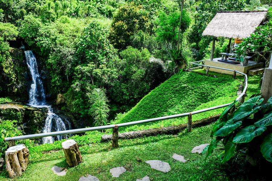 The view of the waterfall at Layana Warung in Ubud