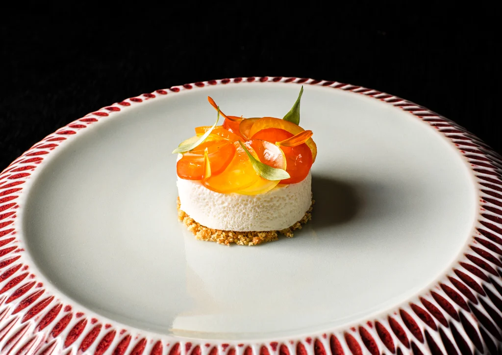 Gourmet white mousse dessert topped with translucent orange fruit slices