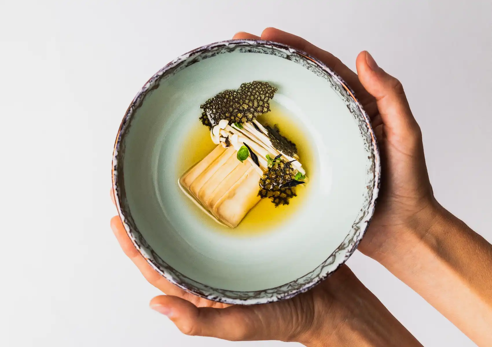 Two hands cradling a pale celadon ceramic bowl presenting an elegantly plated fine dining dish featuring a rectangular block of silken tofu, delicate enoki mushrooms, a lacy dehydrated seaweed crisp, and a pool of golden herb oil, against a clean white background