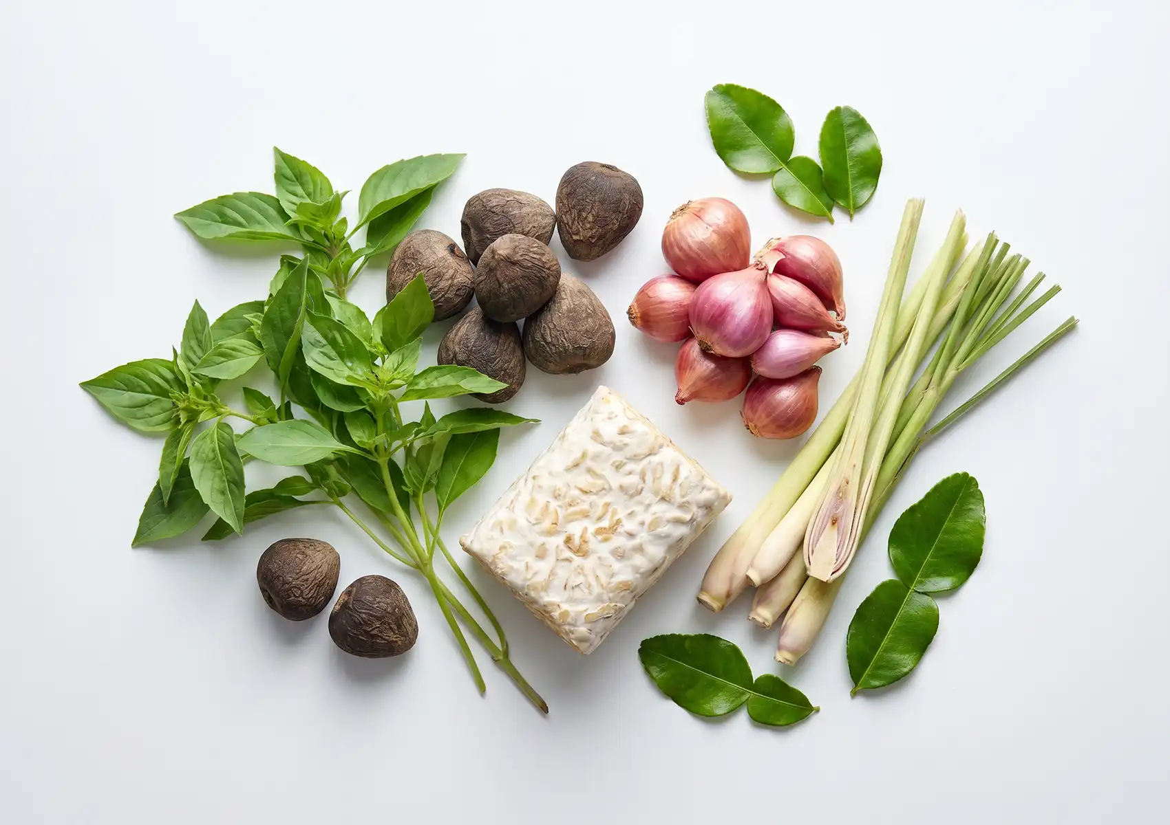 A top-down view of raw Indonesian ingredients in fine dining, including a block of fresh tempeh, fragrant lemongrass stalks, whole red shallots, kaffir lime leaves, fresh lemon basil, and dark kluwek nuts arranged on a pristine white surface.