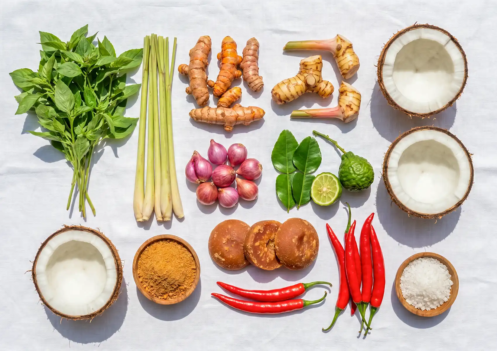 An overhead view of fresh, raw ingredients including lemongrass, turmeric, coconuts, and chilies, used to elevate traditional Balinese cuisine for fine dining Ubud.