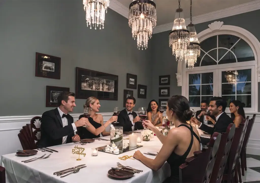 A group of elegantly dressed friends toasting with red wine around a formal table decorated with "Happy Birthday" signs, celebrating a special birthday dinner in Ubud.
