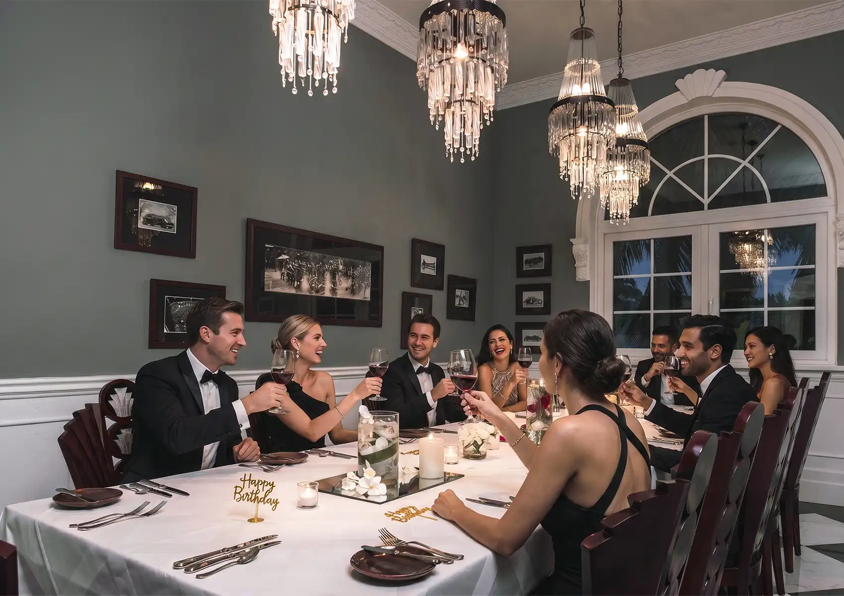 A group of elegantly dressed friends toasting with red wine around a formal table decorated with "Happy Birthday" signs, celebrating a special birthday dinner in Ubud.