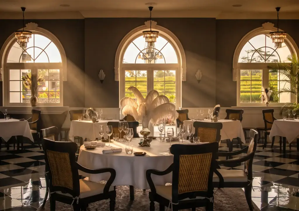 An elegant restaurant interior set for a fine dining lunch Ubud, featuring classic decor, white tablecloths, tall feather centerpieces, and large arched windows overlooking lush, sunlit rice paddies.