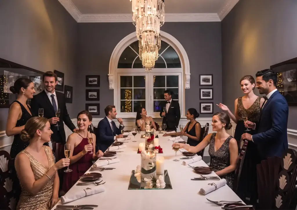 A group of elegantly dressed guests celebrating and holding champagne glasses around a long, candlelit table under a crystal chandelier inside a luxurious private dining room Ubud.